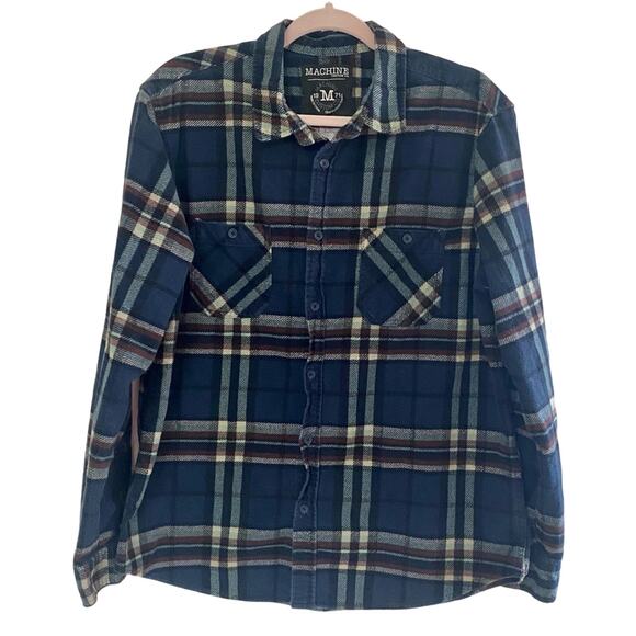 MACHINE CUSTOM CO • Navy Plaid Long Sleeve Flannel Button Down Shirt - Picture 1 of 5